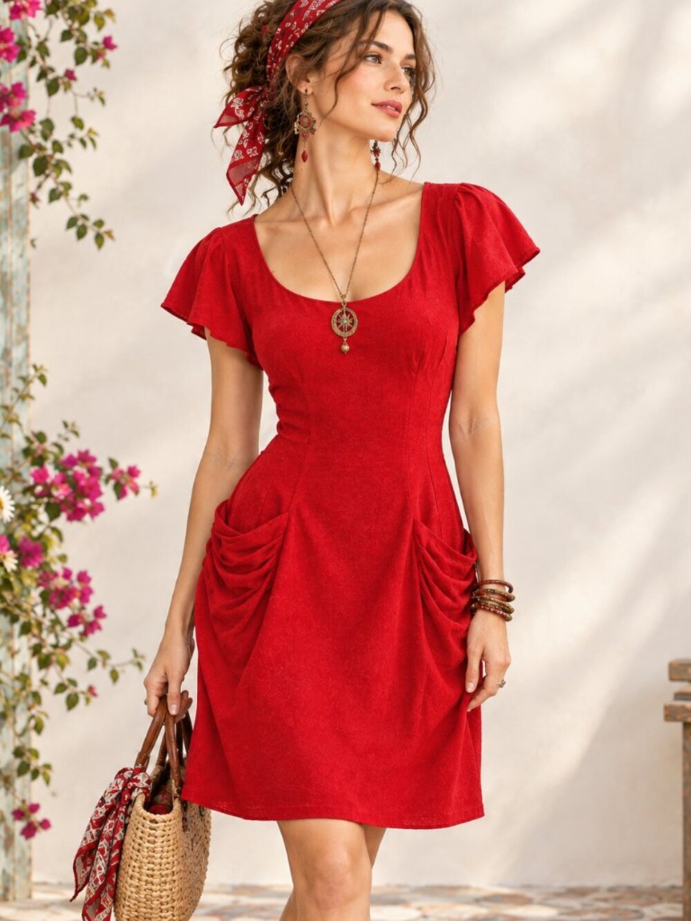 Walter Baker W118 Women's Structured Red Dress XS Ruffles Pockets Pin Up Vamp
